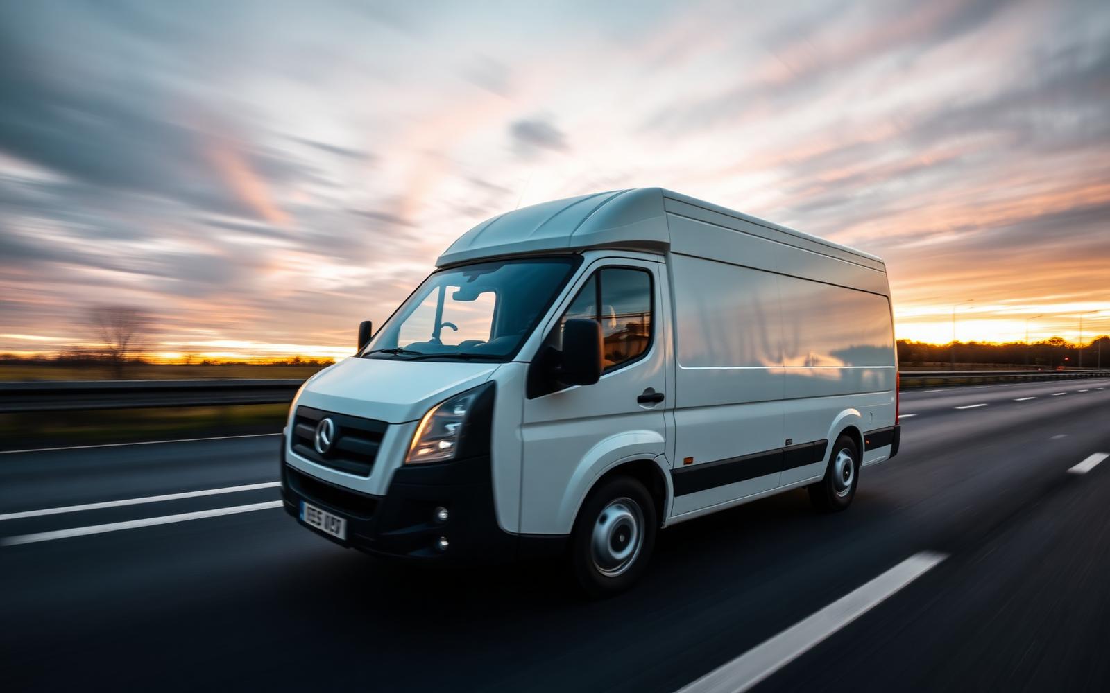 Express delivery van moving at speed on a UK motorway at dusk