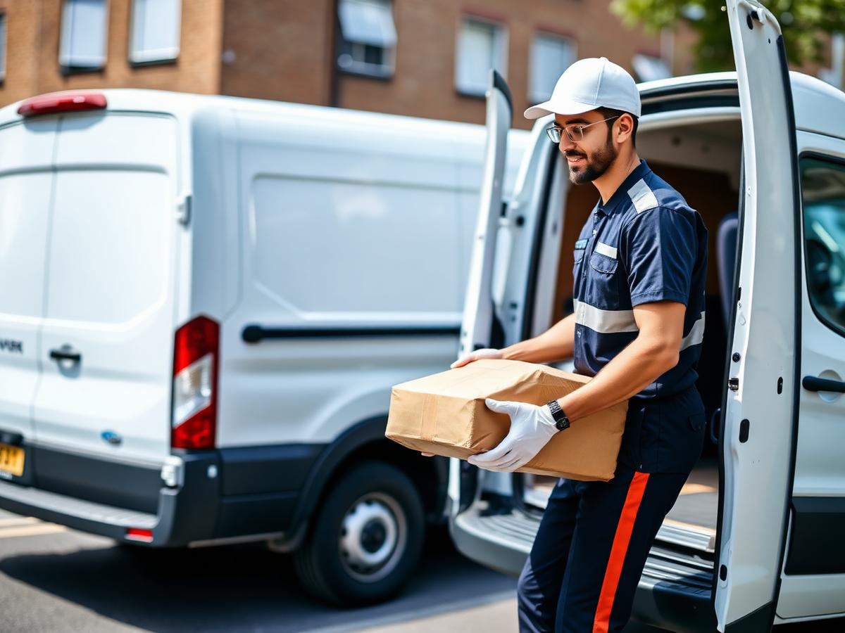 Courier loading a sealed package into an express delivery van